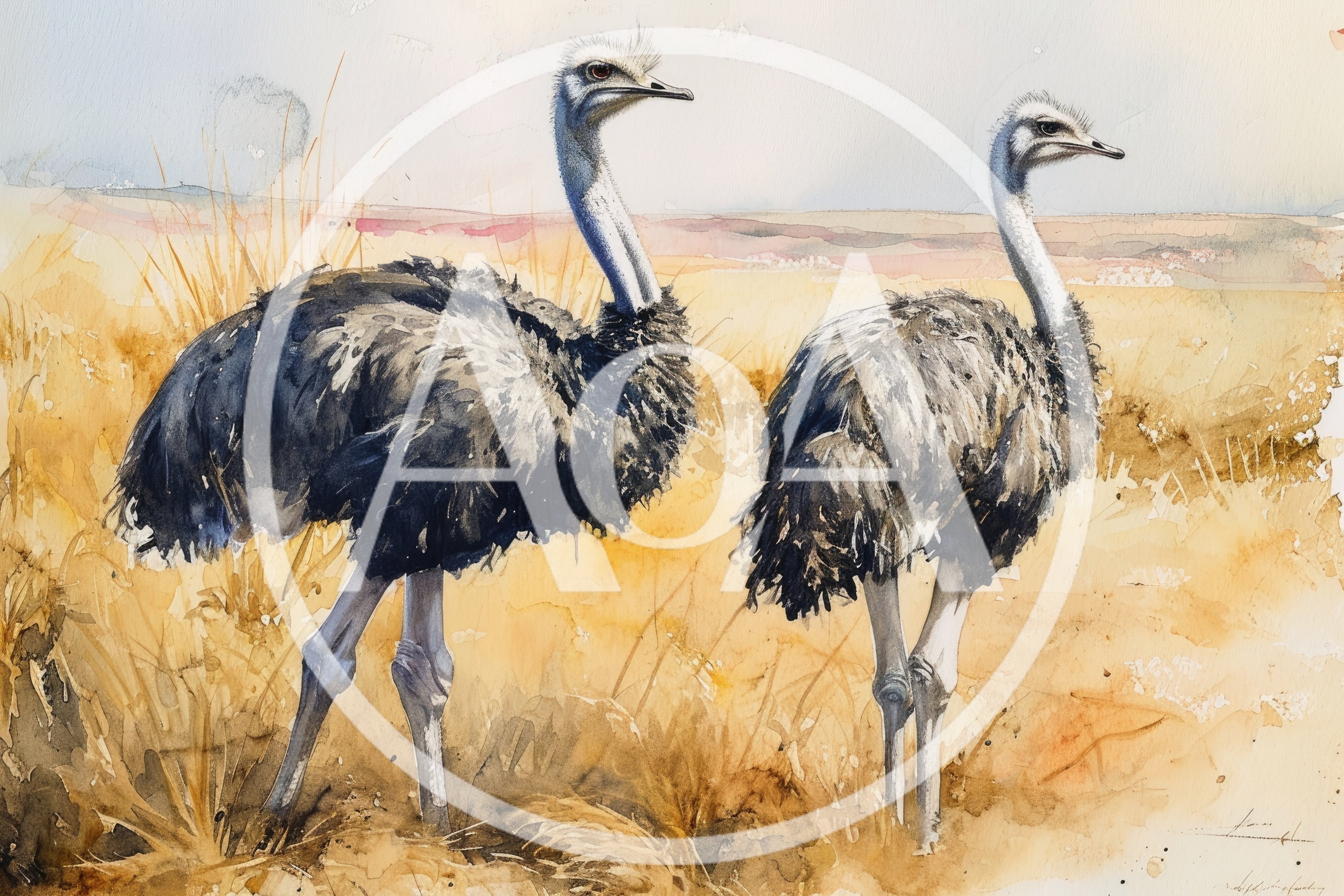 Watercolor Painting Of Two Ostriches In The Savanna