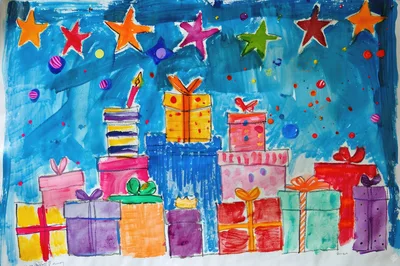 Colorful Childrens Drawing Of Birthday Presents And Stars