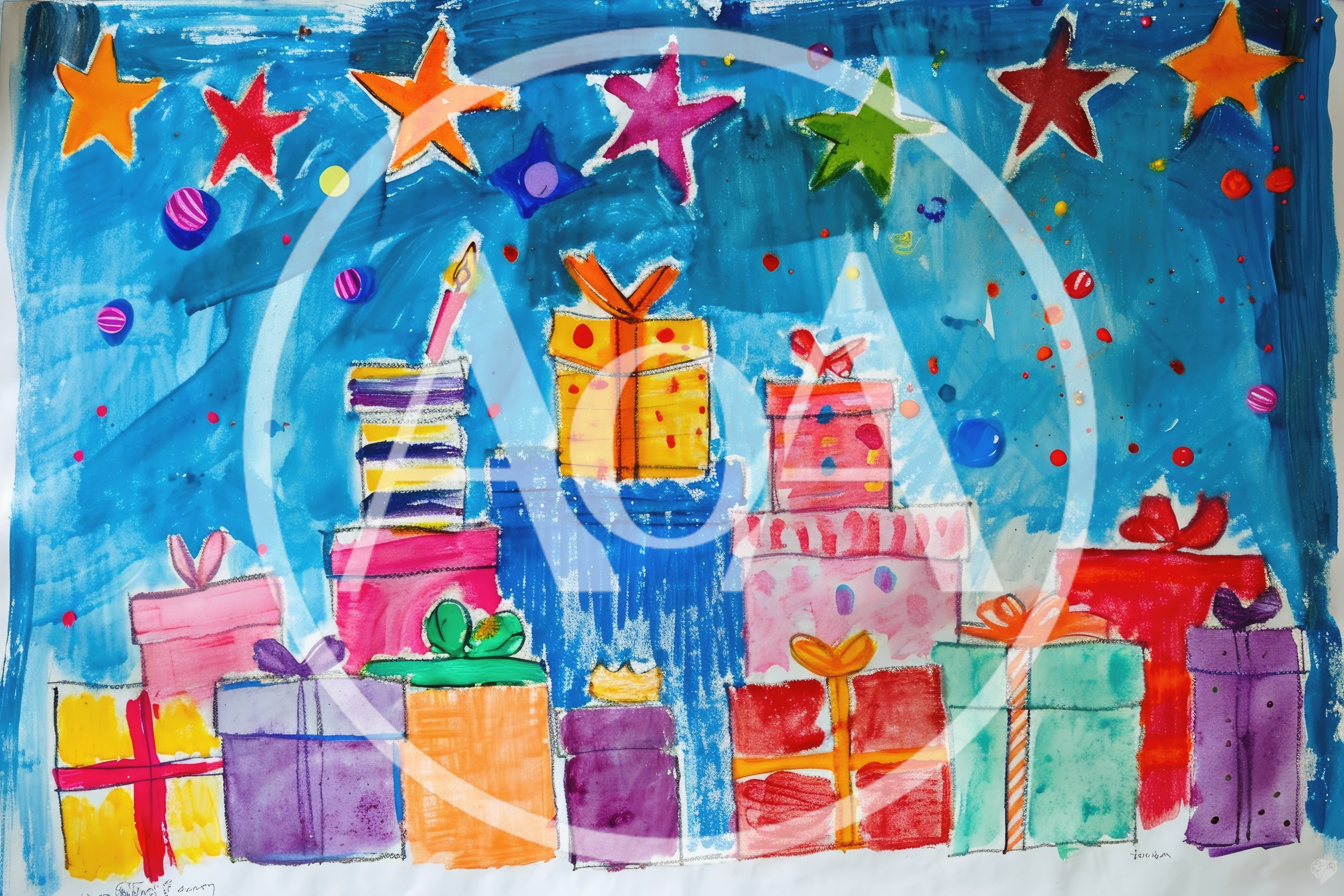Colorful Childrens Drawing Of Birthday Presents And Stars