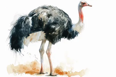 Watercolor Illustration Of A Standing Ostrich
