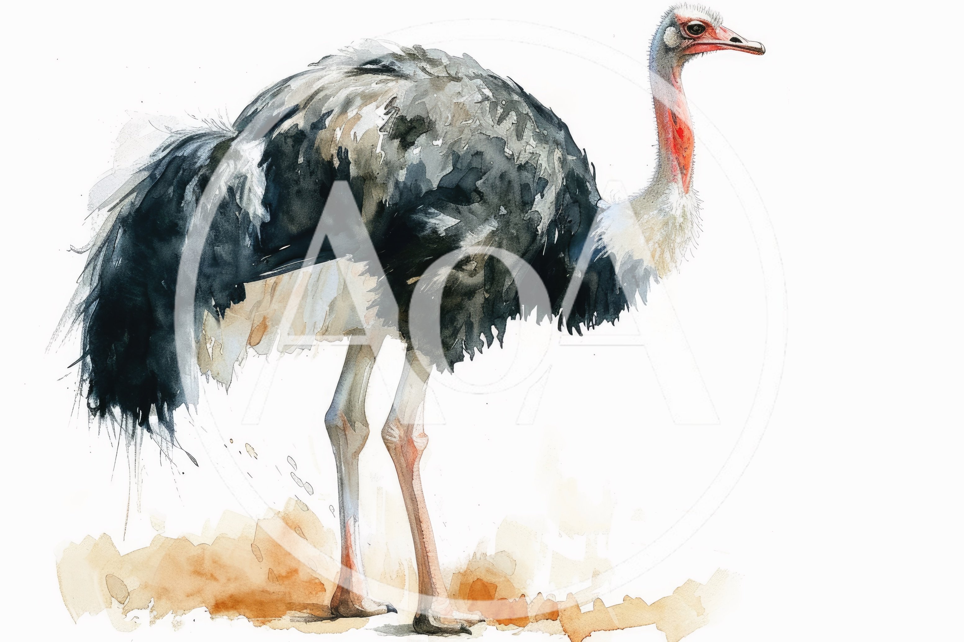 Watercolor Illustration Of A Standing Ostrich