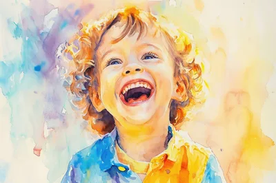 Watercolor Portrait Of A Joyful Laughing Child