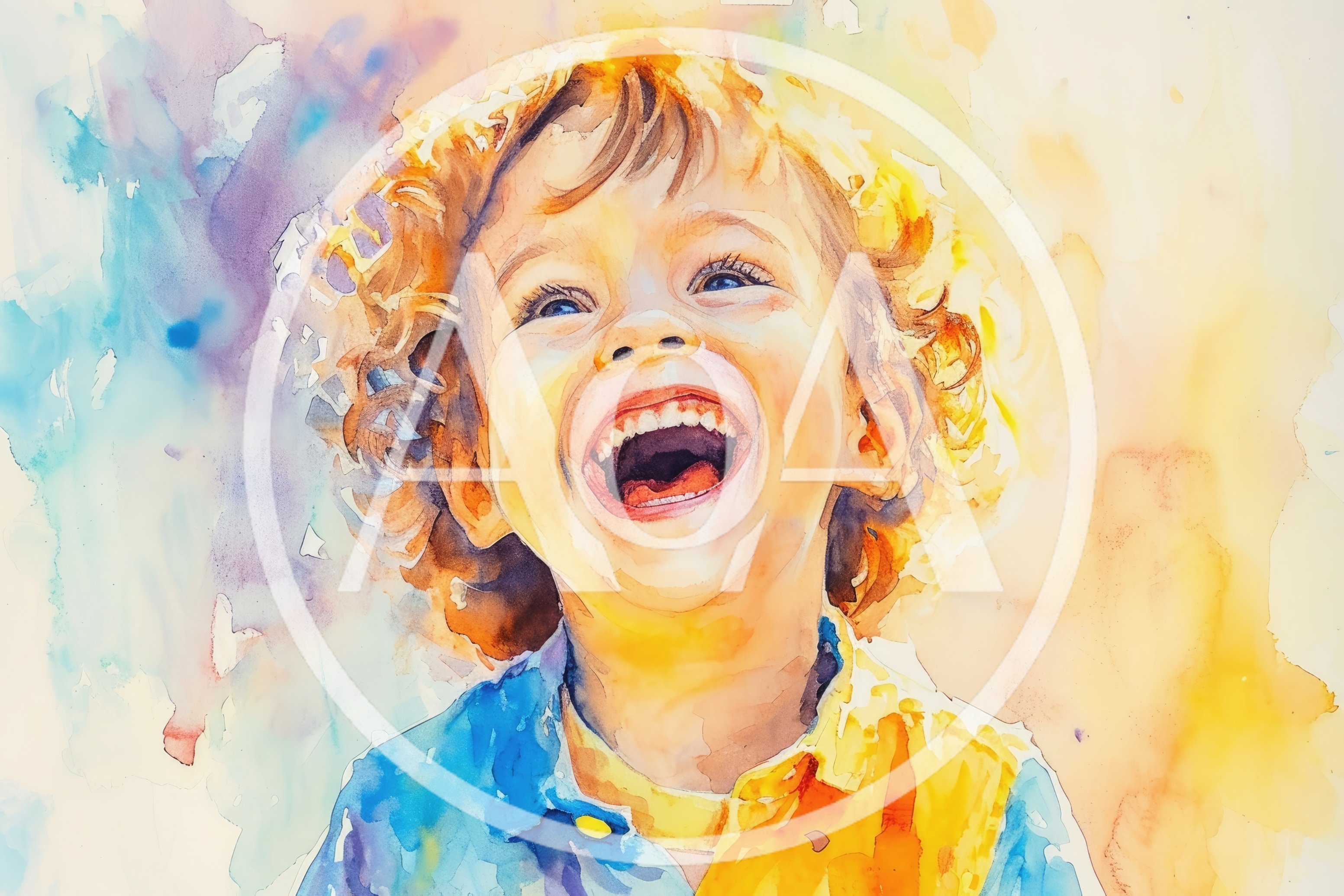 Watercolor Portrait Of A Joyful Laughing Child
