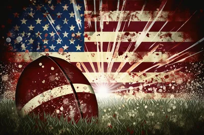 American Football Resting On Grass With Patriotic Background
