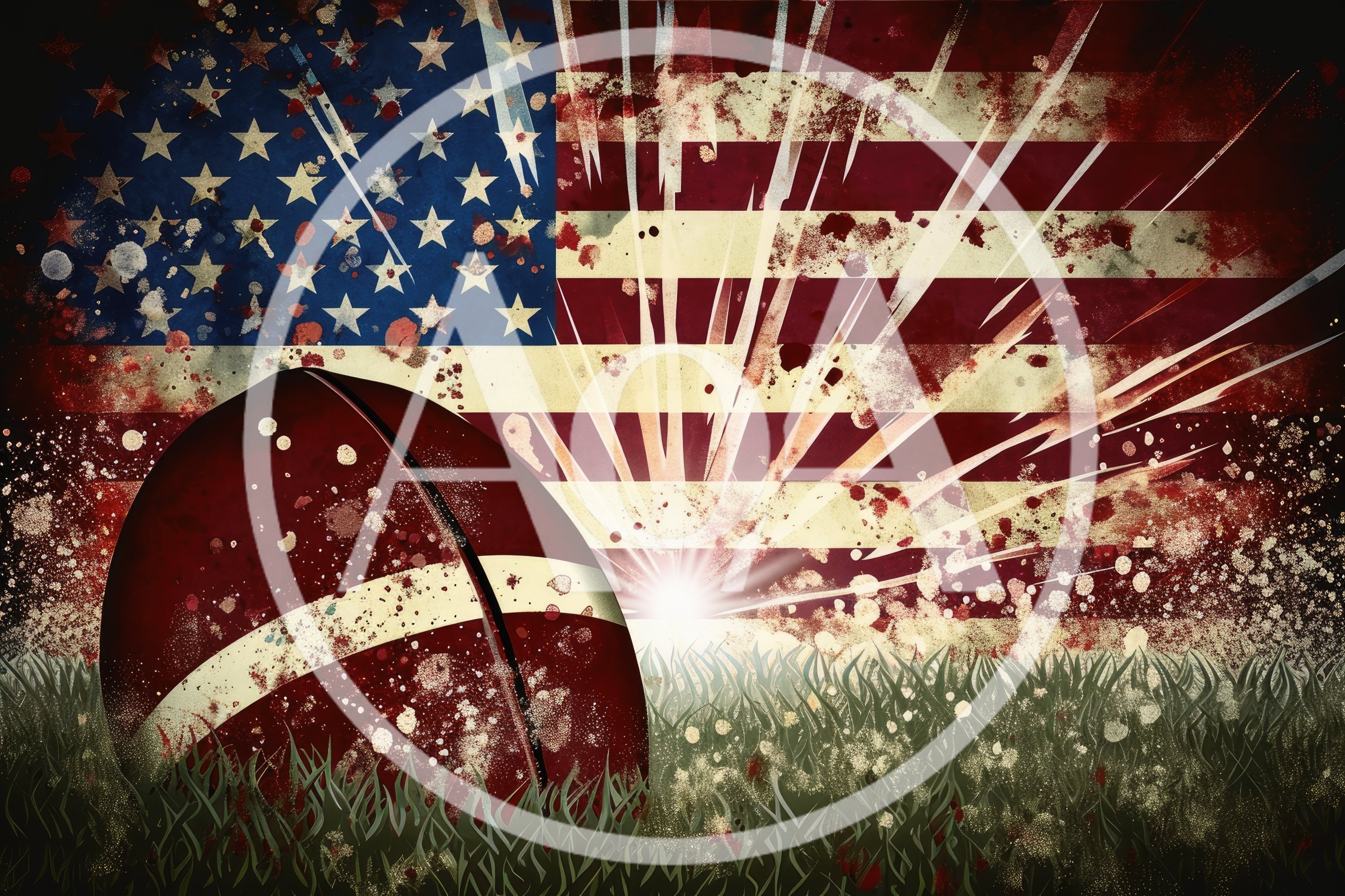 American Football Resting On Grass With Patriotic Background