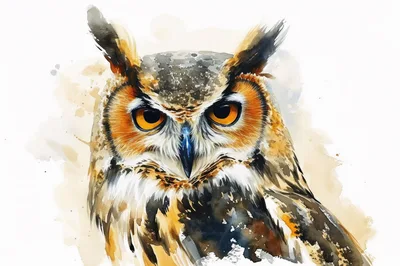 Watercolor Illustration Of A Great Horned Owl