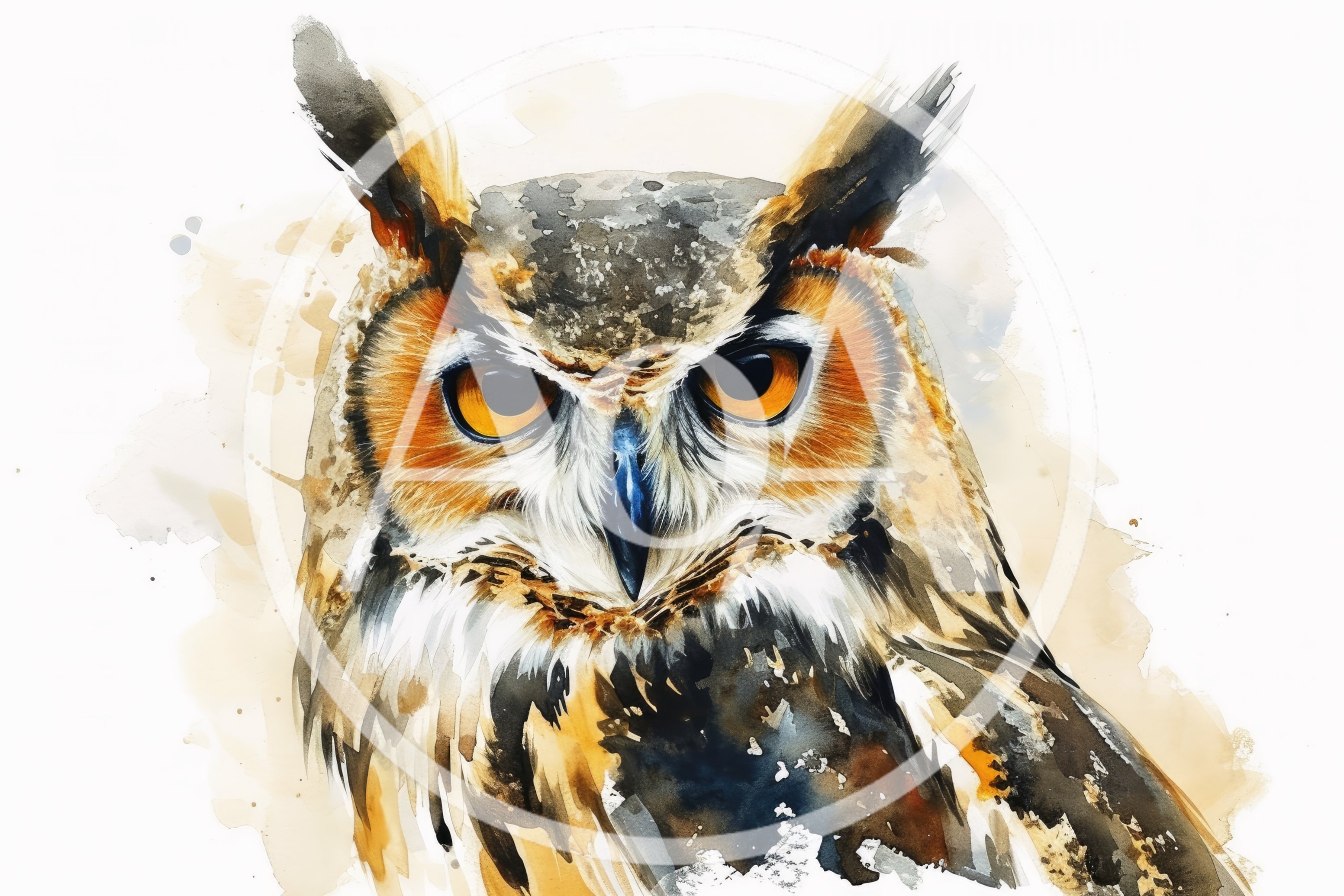 Watercolor Illustration Of A Great Horned Owl