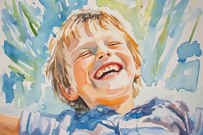 Watercolor Painting Of A Joyful Laughing Child
