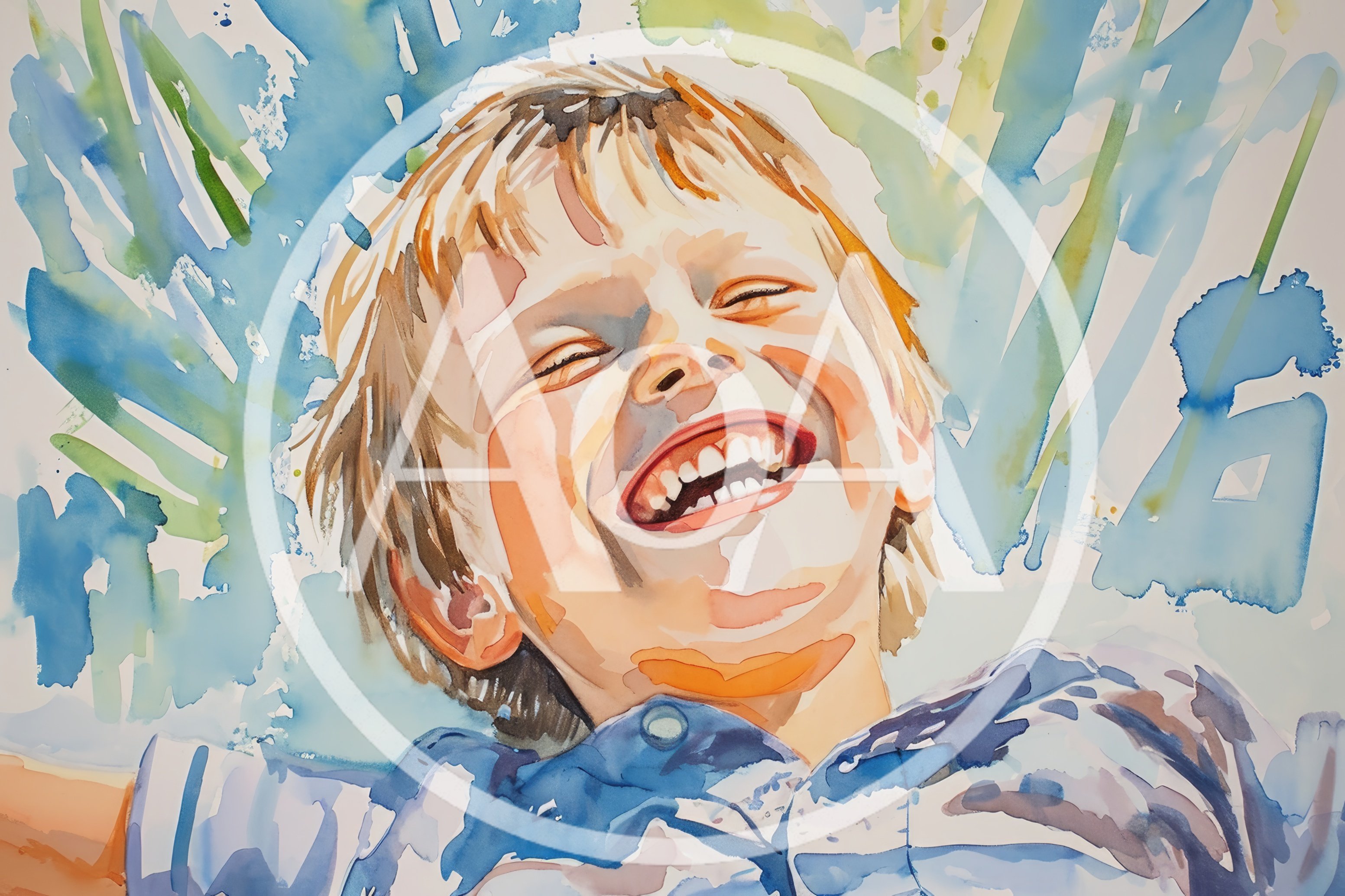Watercolor Painting Of A Joyful Laughing Child