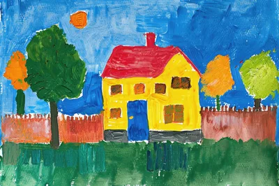 Child Drawing Of A Yellow House With Trees