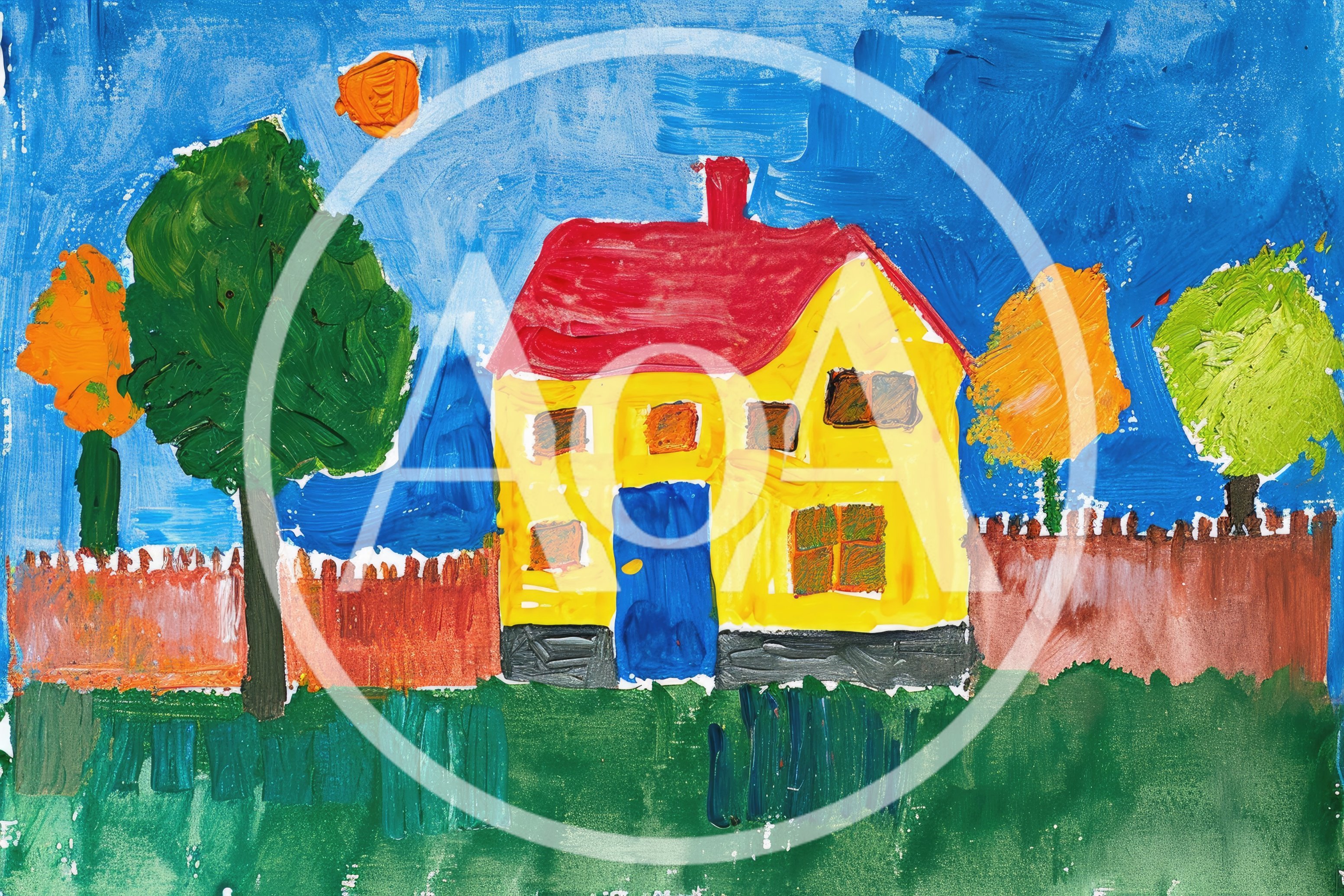 Child Drawing Of A Yellow House With Trees