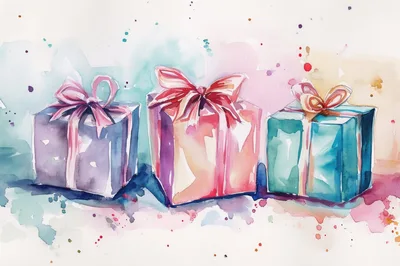 Watercolor Illustration Of Three Colorful Gift Boxes