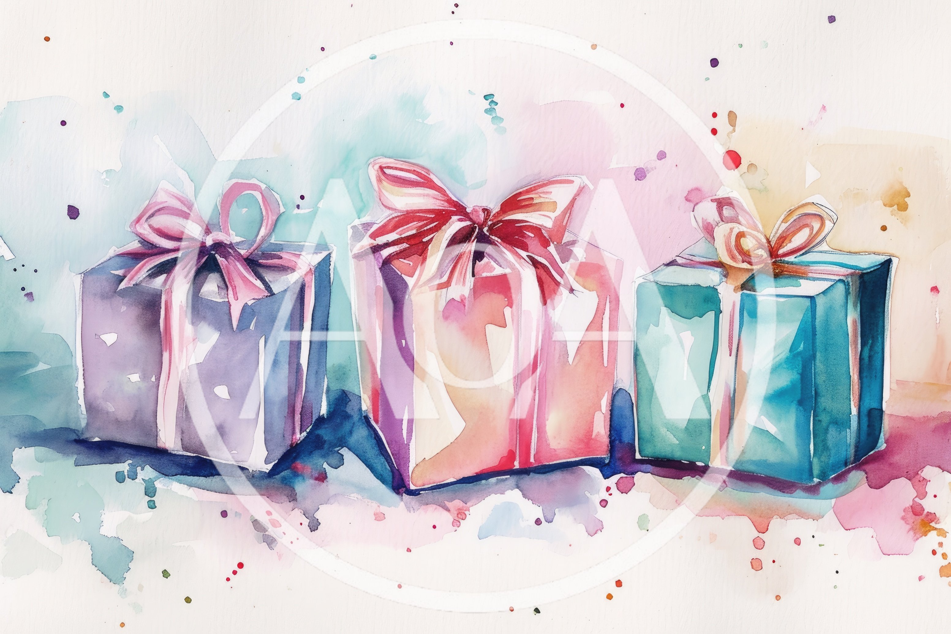 Watercolor Illustration Of Three Colorful Gift Boxes
