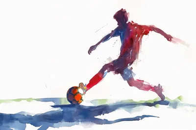 Watercolor Illustration Of A Soccer Player Kicking A Ball