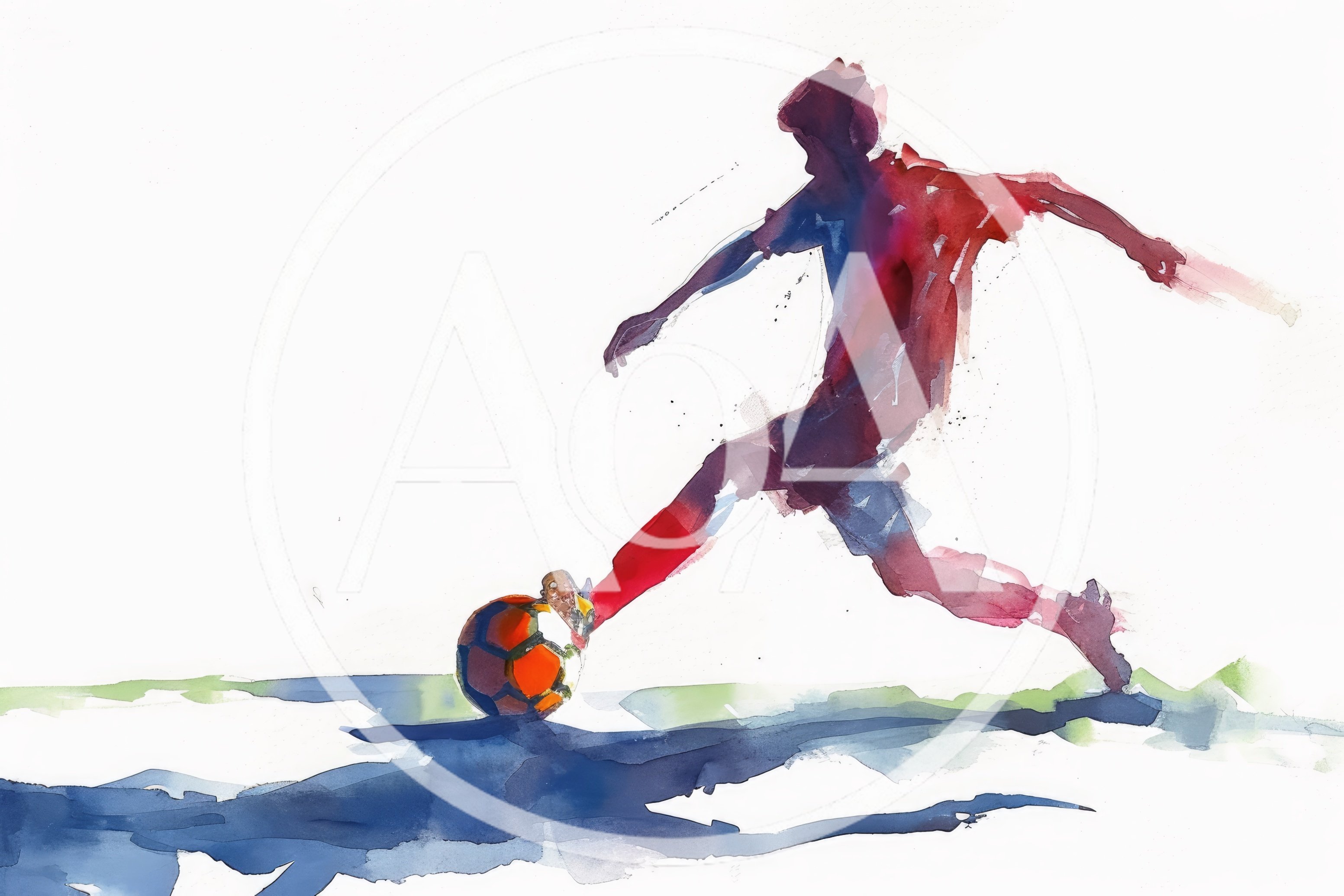 Watercolor Illustration Of A Soccer Player Kicking A Ball