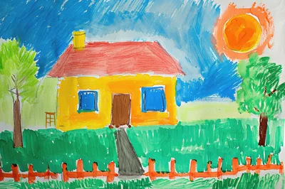 Child Drawing Of A House With Trees And Sun