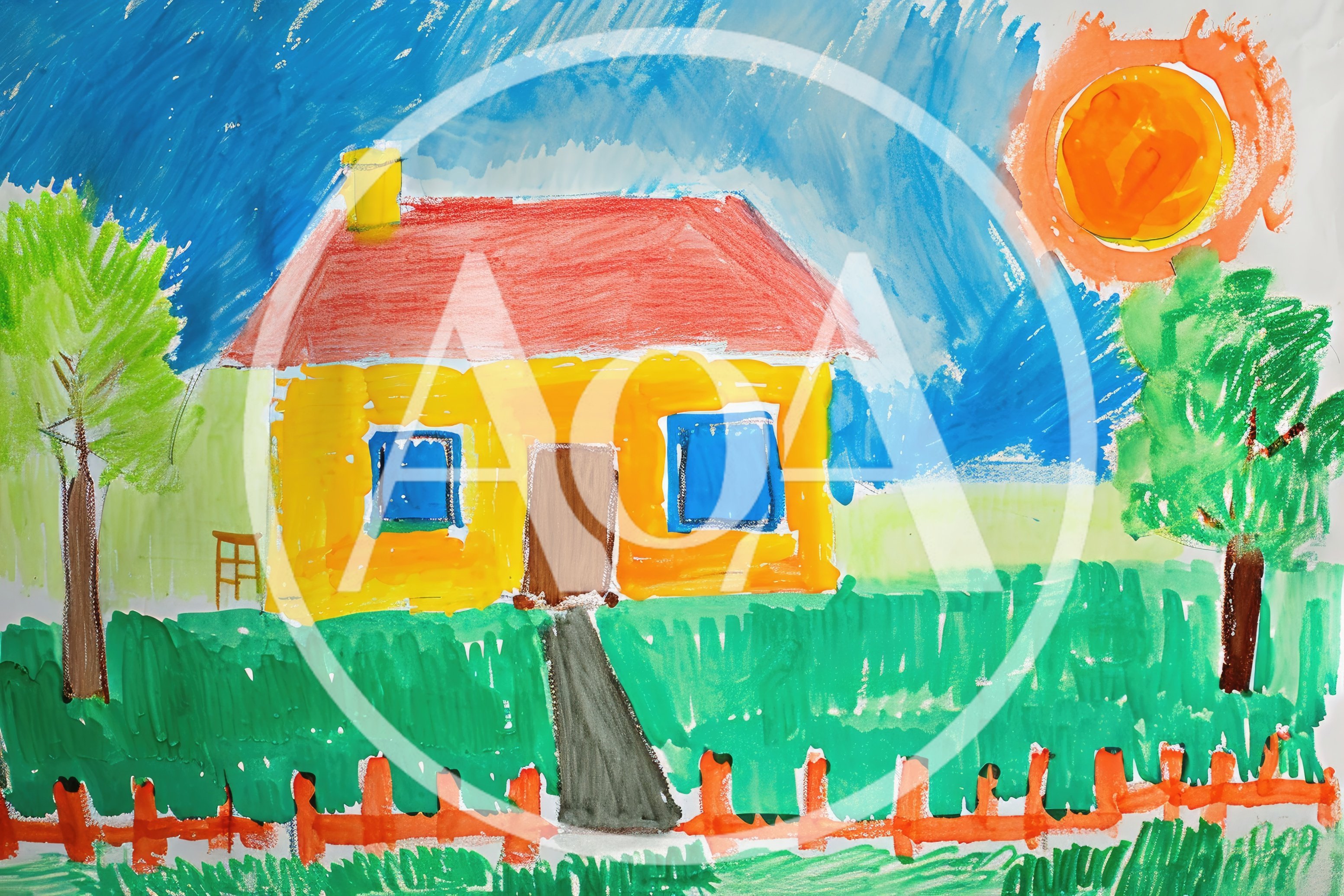 Child Drawing Of A House With Trees And Sun