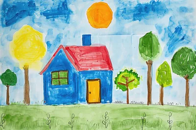 Childs Watercolor Drawing Of A House And Trees