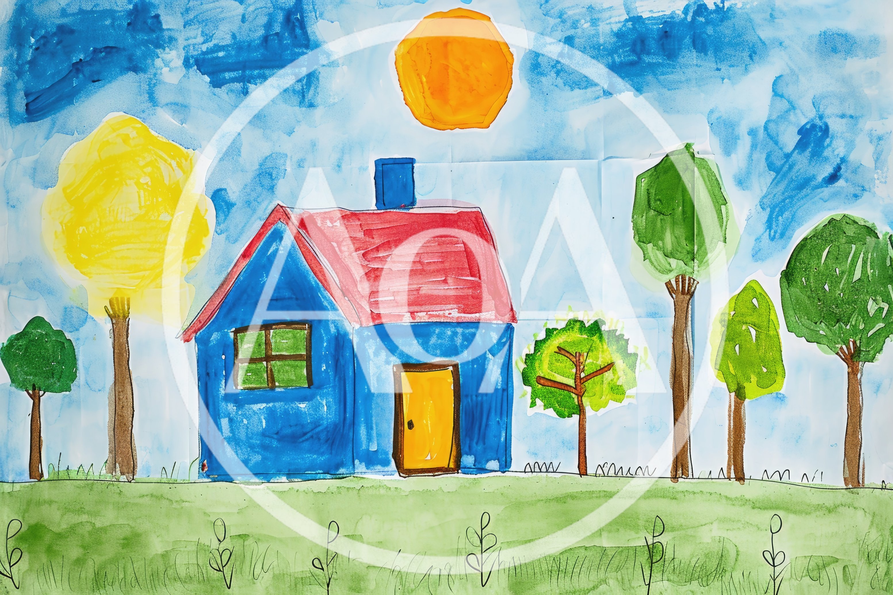 Childs Watercolor Drawing Of A House And Trees