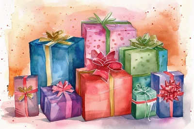 Watercolor Illustration Of Colorful Wrapped Christmas Gift Boxes