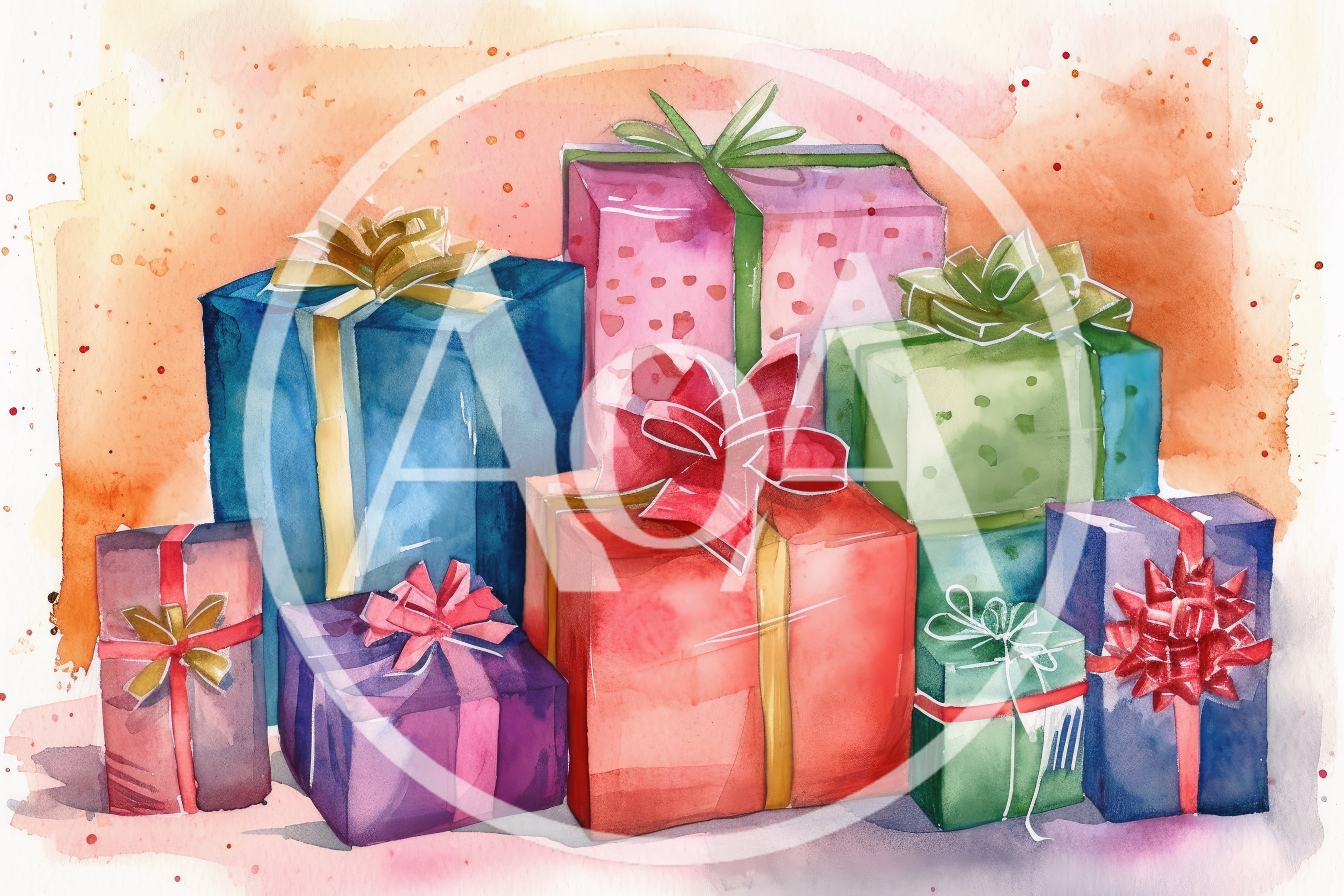 Watercolor Illustration Of Colorful Wrapped Christmas Gift Boxes