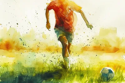Watercolor Illustration Of A Soccer Player Running