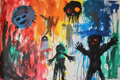 Abstract Expressionist Painting With Dark Figures And Vibrant Colors