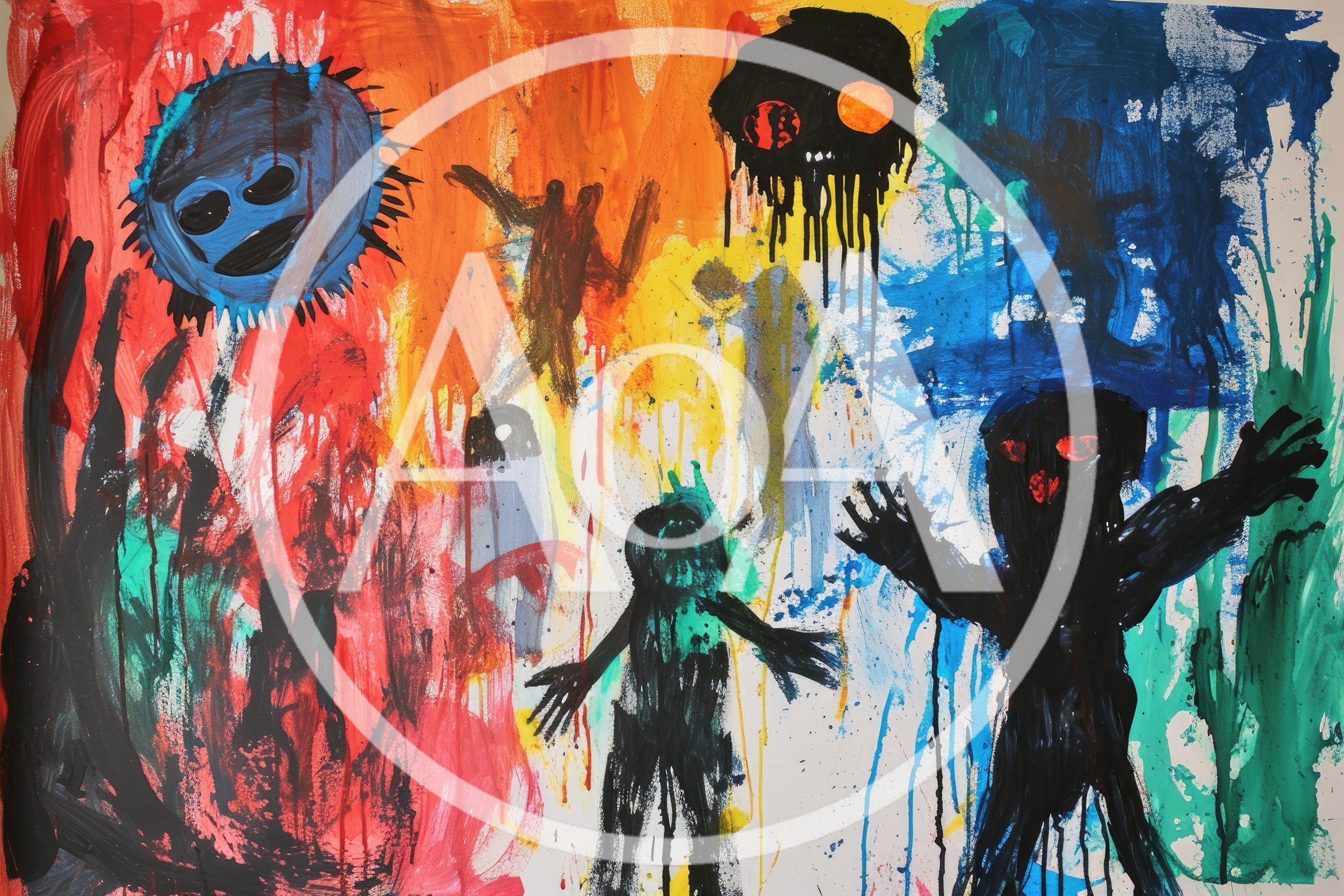 Abstract Expressionist Painting With Dark Figures And Vibrant Colors