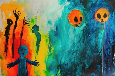 Abstract Expressionist Painting With Eerie Figures And Vibrant Colors