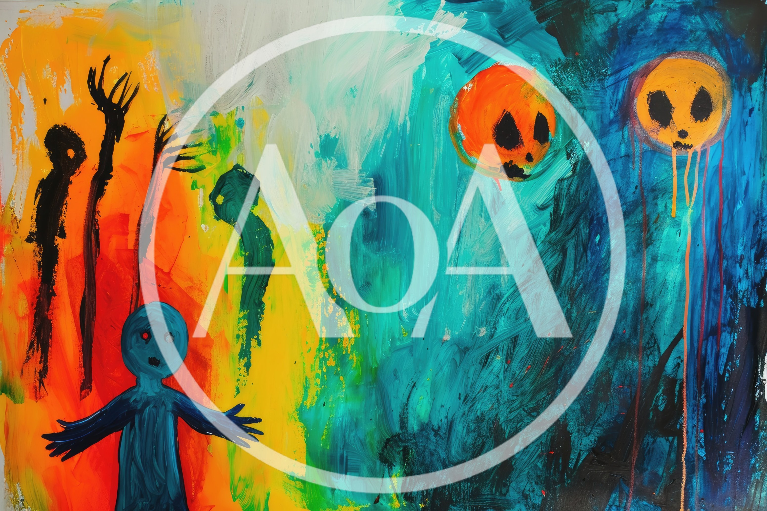 Abstract Expressionist Painting With Eerie Figures And Vibrant Colors