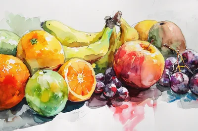 Watercolor Painting Of Assorted Fresh Fruits