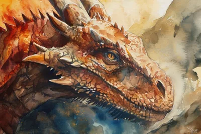 Watercolor Painting Of A Majestic Golden Dragon Head