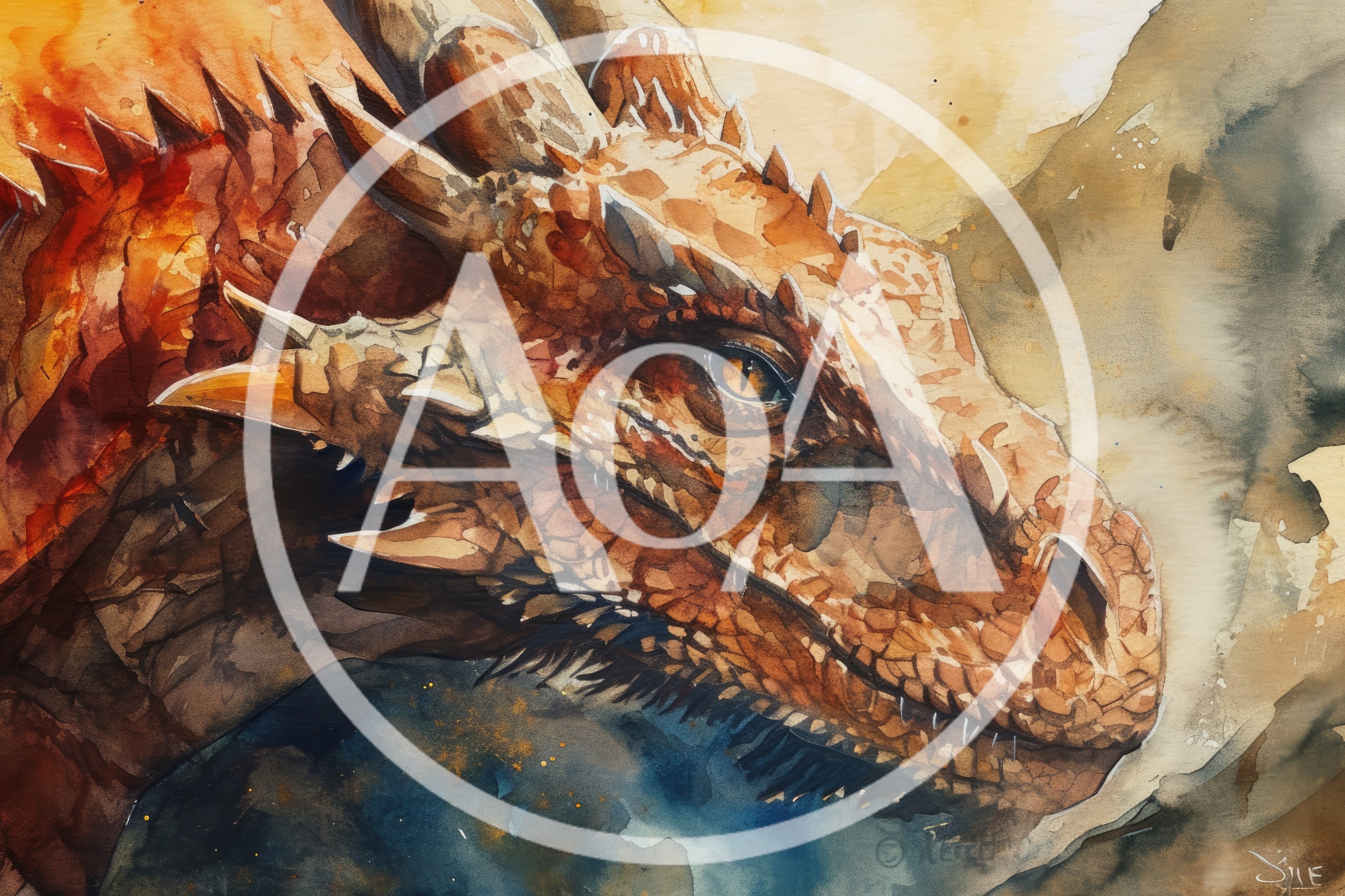 Watercolor Painting Of A Majestic Golden Dragon Head
