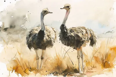 Watercolor Painting Of Two Ostriches In The Savanna