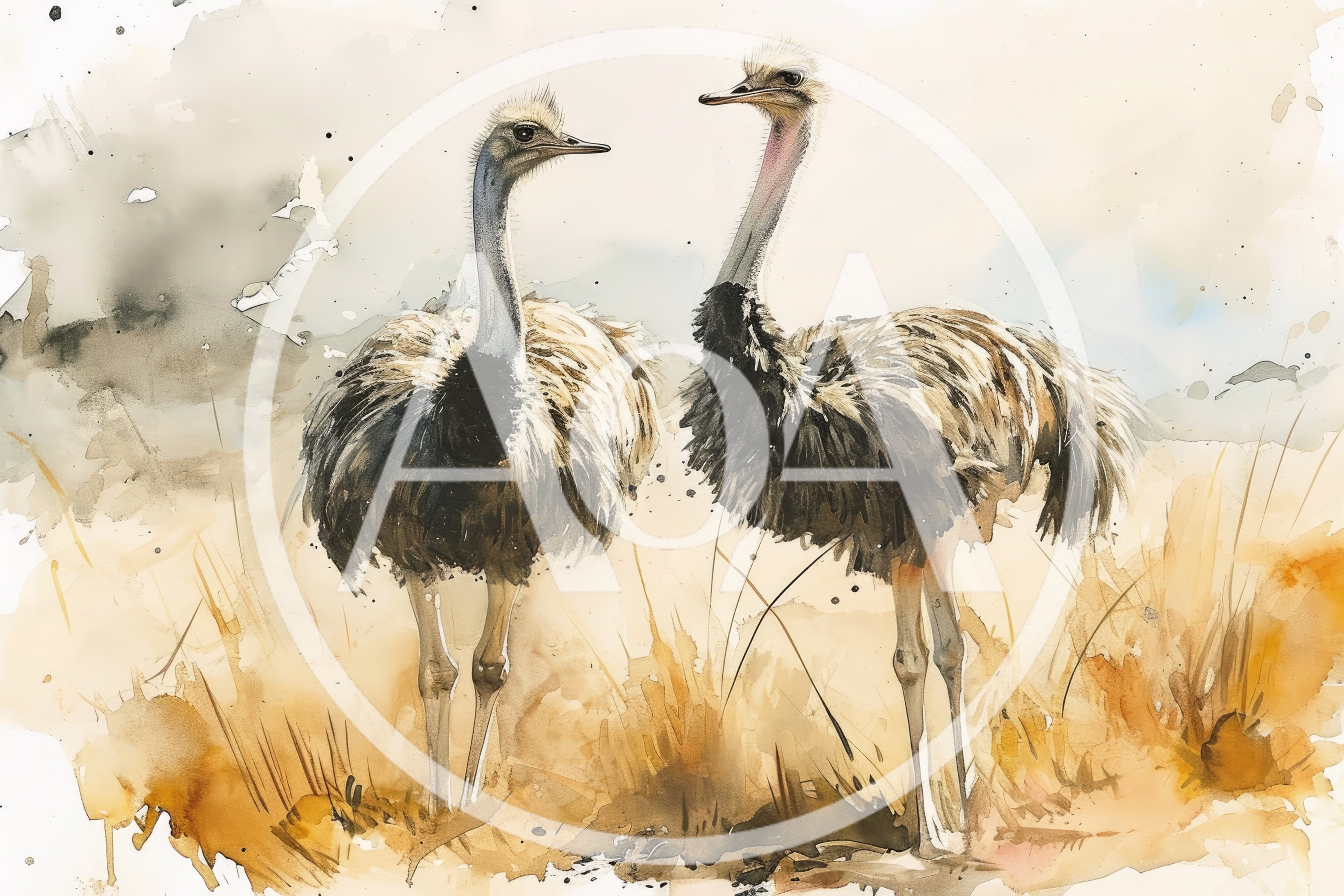 Watercolor Painting Of Two Ostriches In The Savanna