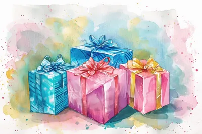 Watercolor Illustration Of Colorful Wrapped Gift Boxes