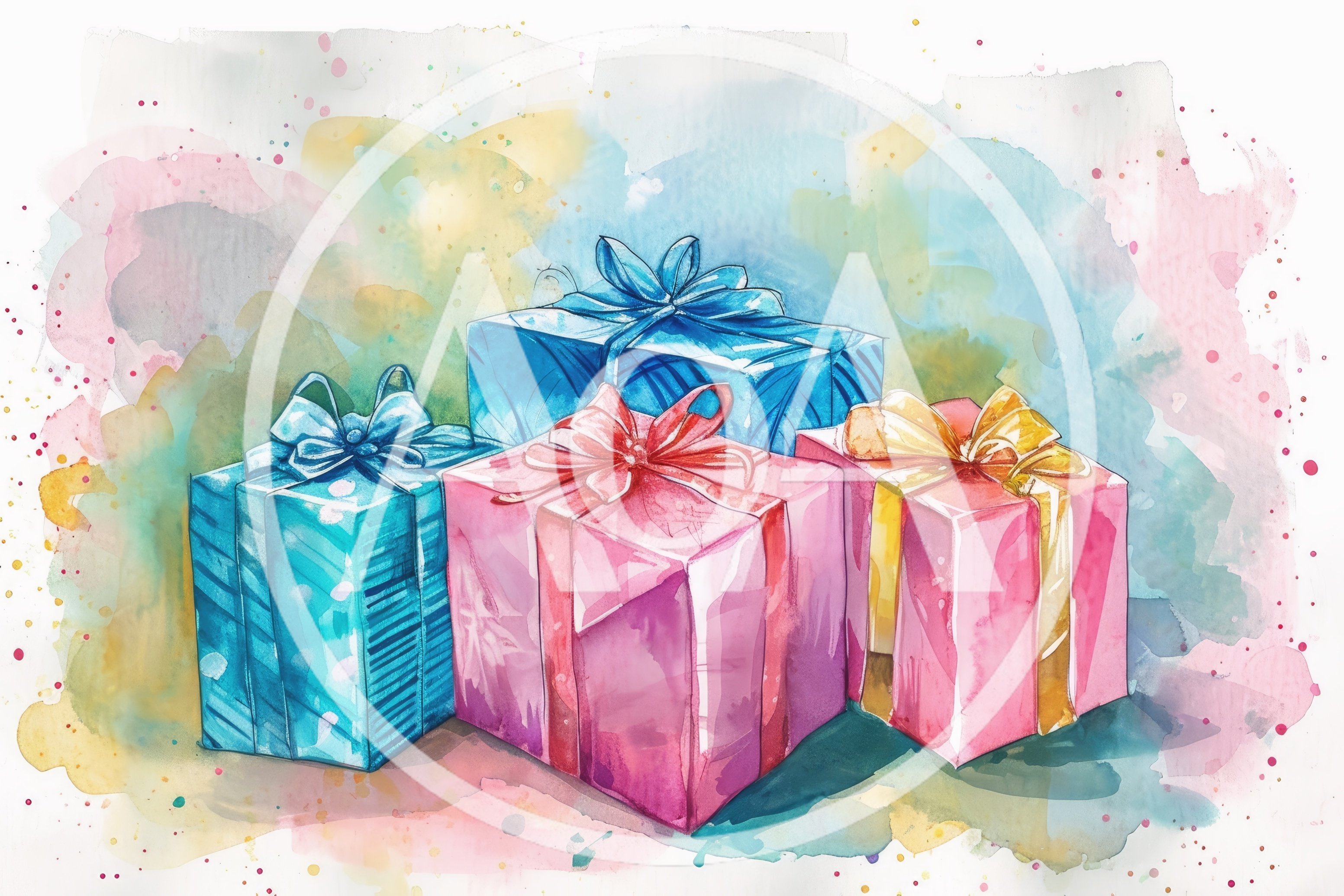 Watercolor Illustration Of Colorful Wrapped Gift Boxes