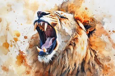 Watercolor Illustration Of A Roaring Lion Head