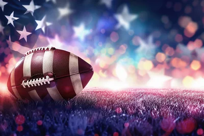 American Football Resting On Grass With Patriotic Background