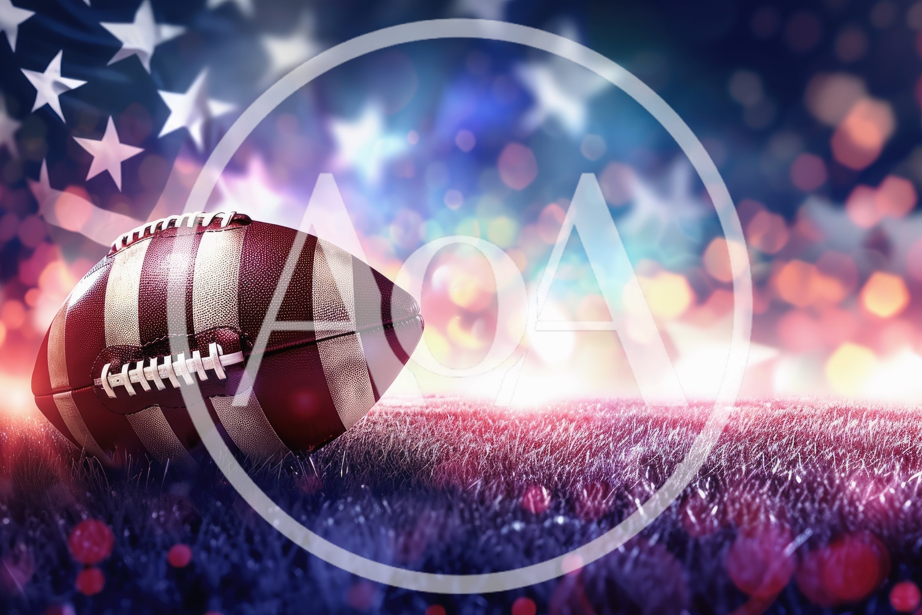 American Football Resting On Grass With Patriotic Background