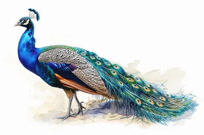 Watercolor Illustration Of A Majestic Male Peacock