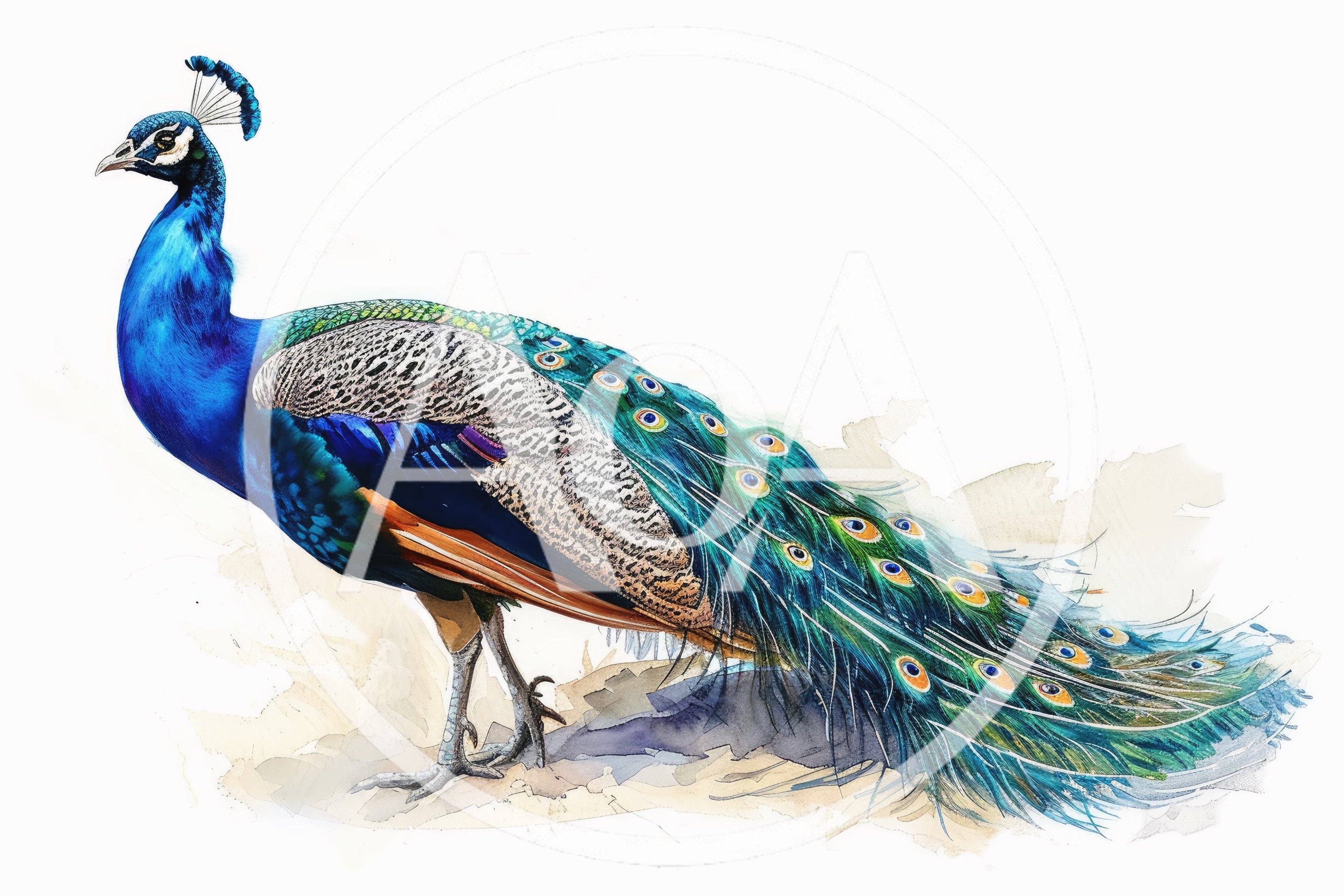 Watercolor Illustration Of A Majestic Male Peacock