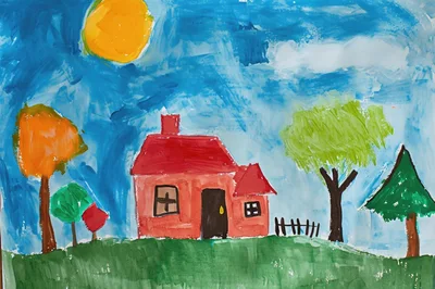 Childs Watercolor Painting Of A Red House
