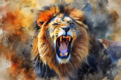 Roaring Lion Portrait With Artistic Watercolor Background