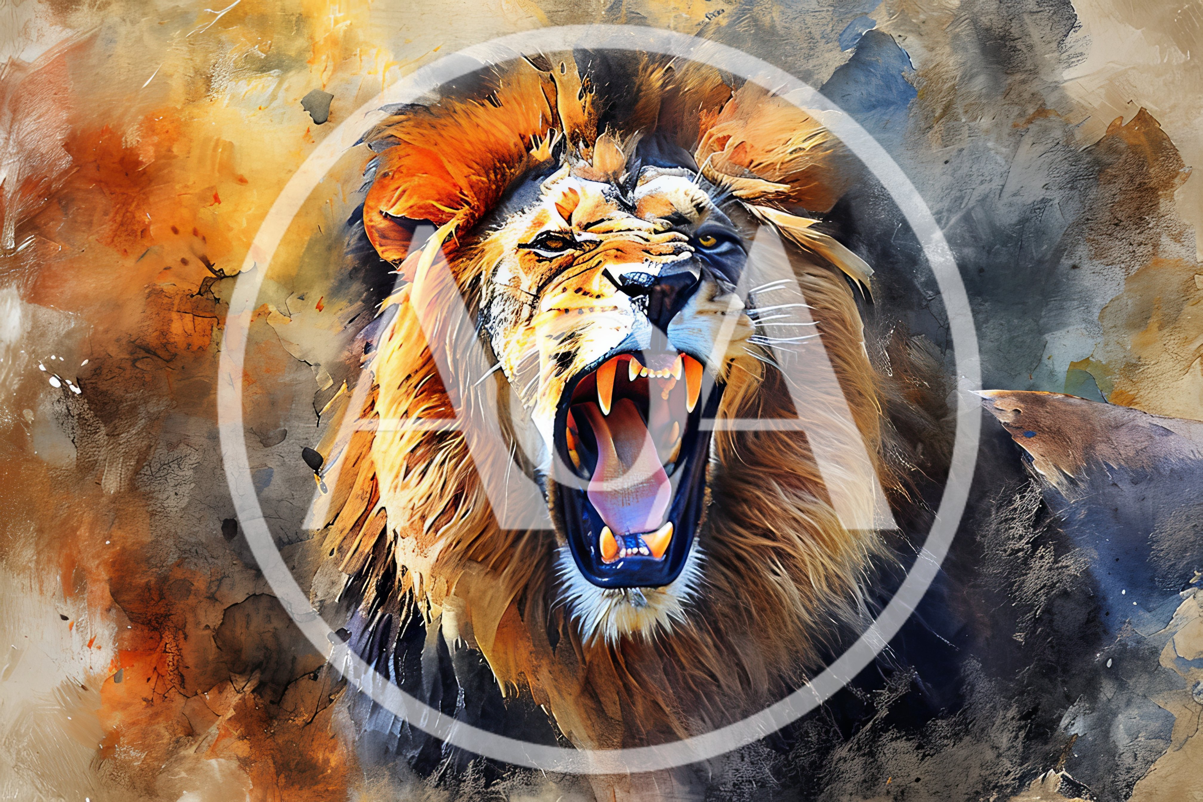 Roaring Lion Portrait With Artistic Watercolor Background