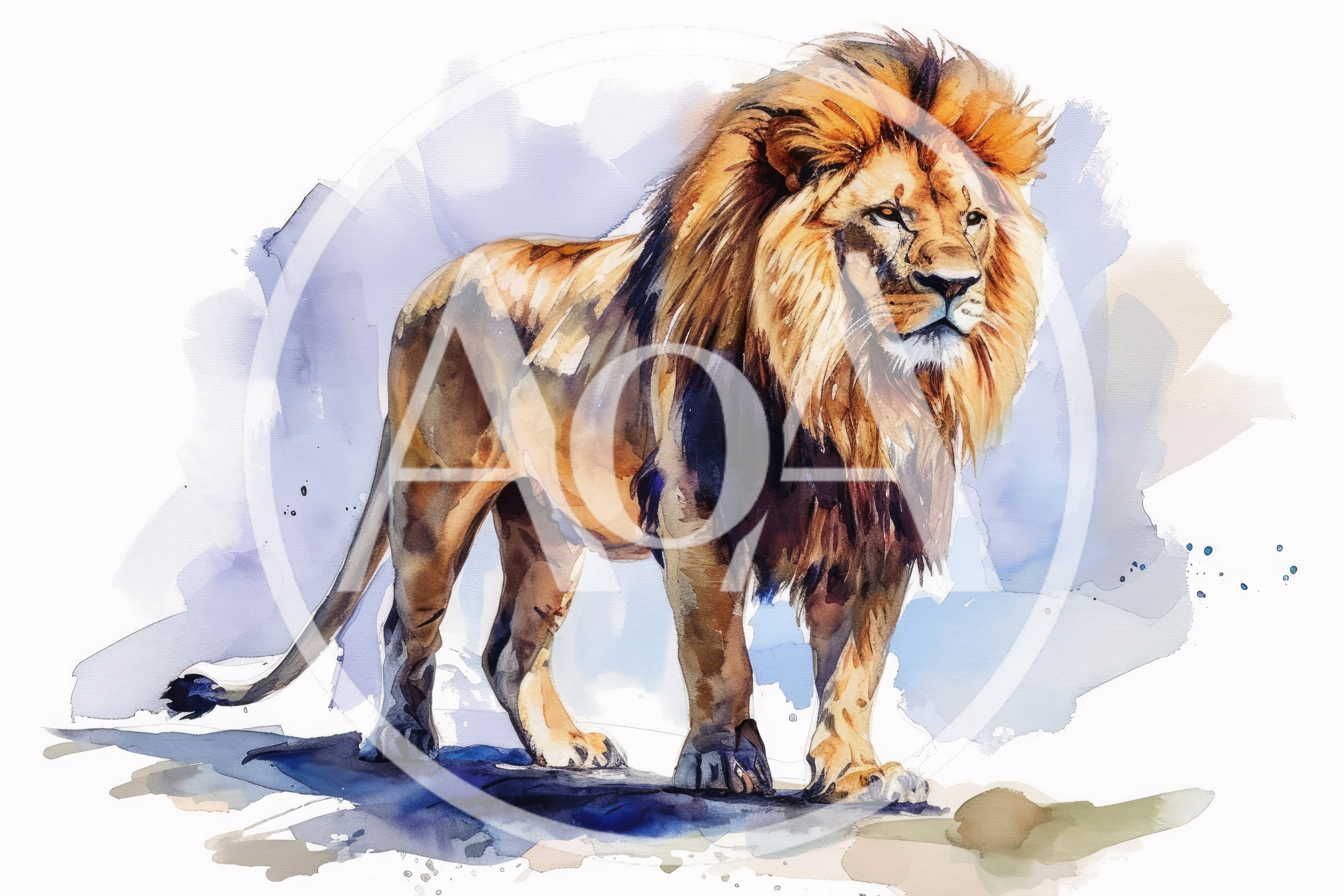 Watercolor Illustration Of A Majestic Standing Lion