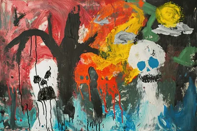Abstract Expressionist Painting Featuring Two Skulls