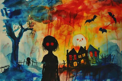 Spooky Halloween Watercolor Illustration With Haunted House