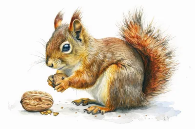 Watercolor Illustration Of A Squirrel Eating A Walnut