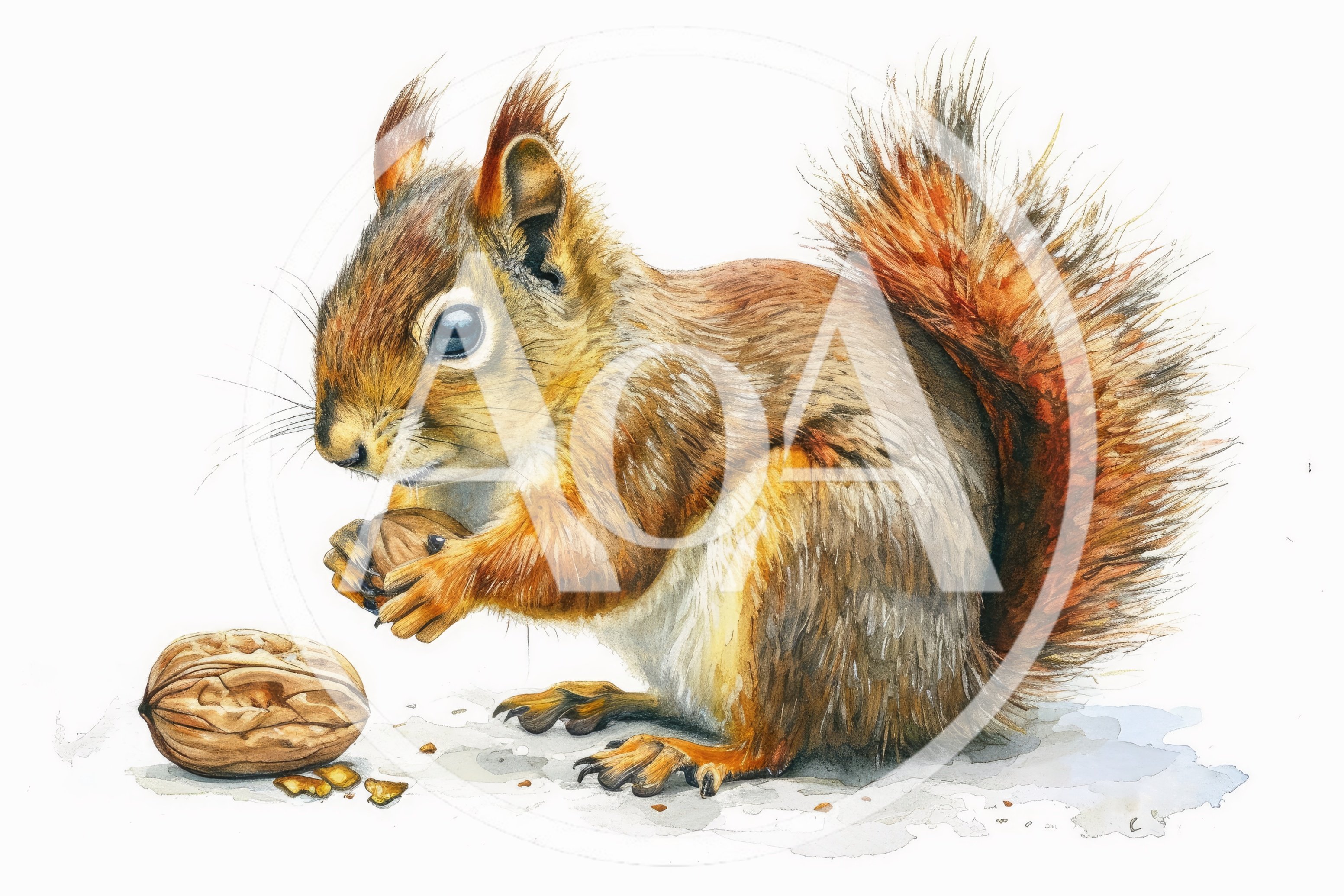 Watercolor Illustration Of A Squirrel Eating A Walnut